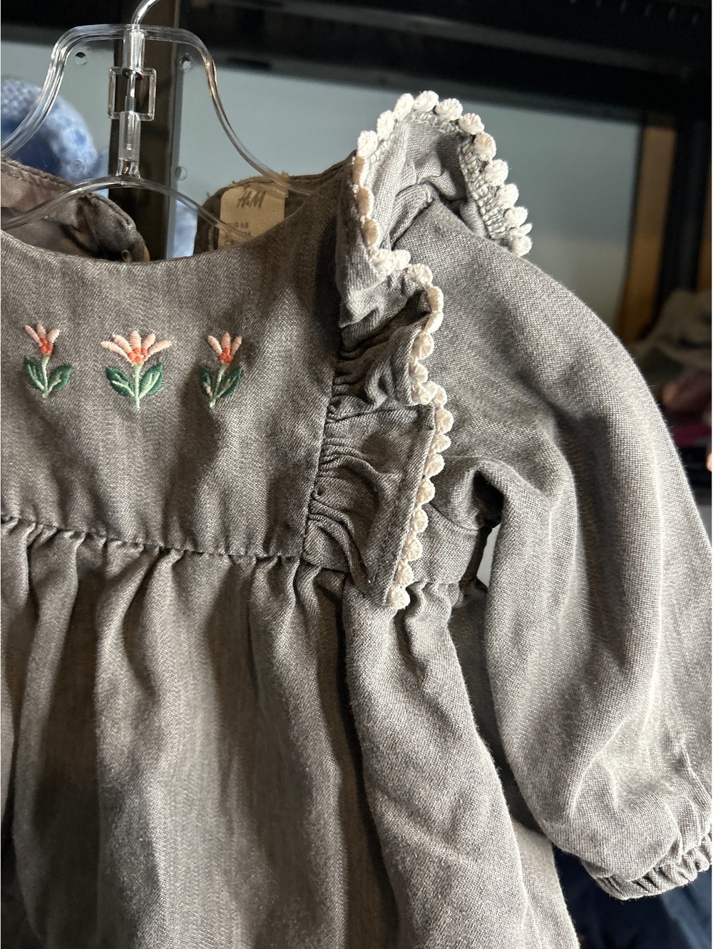 H&M Baby Girls 6M Gray Long Sleeve Dress with Floral Embroidery